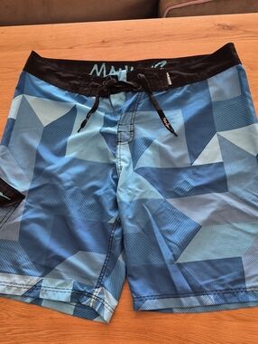Maui & Sons Men's Blue Geometric Board Shorts with Drawstring Waist